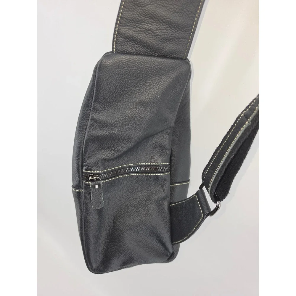 BullCaptain Mens Black Leather Sling Bag Crossbody Chest Pack Travel YB-07 Black